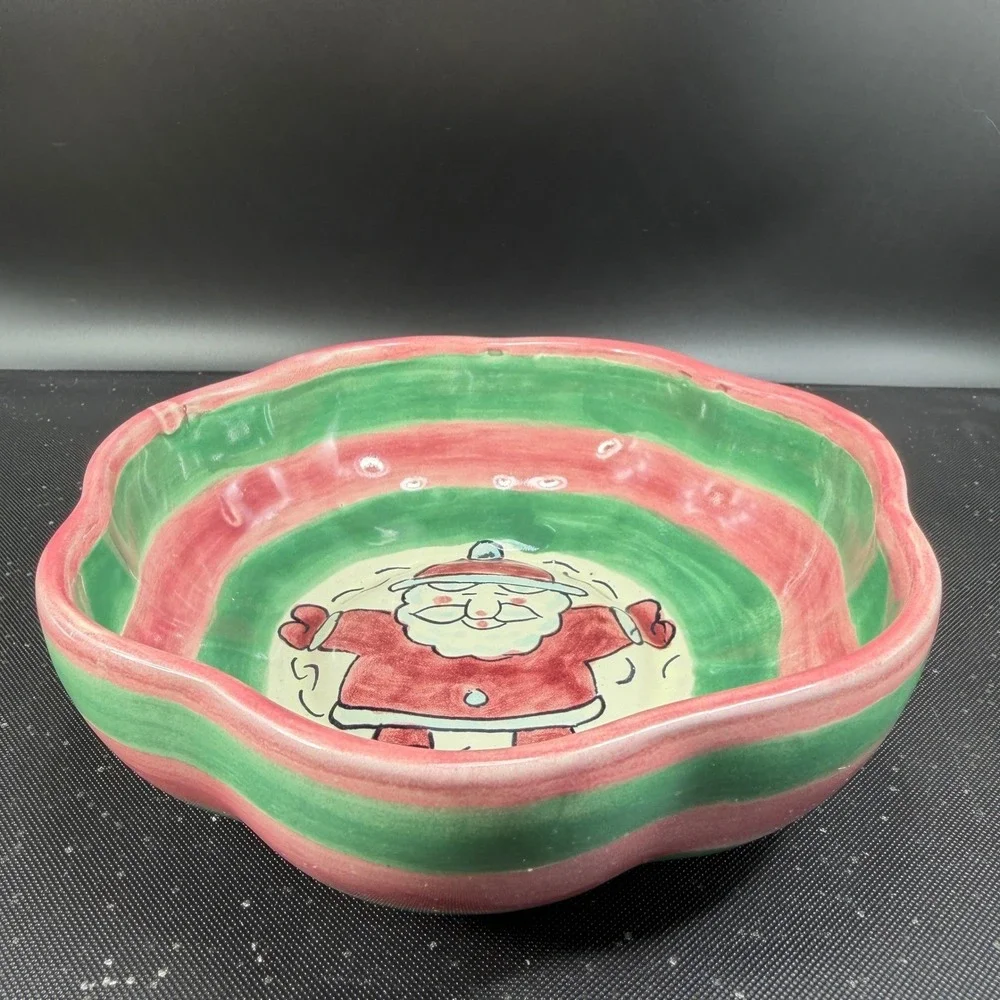 JMB‎ Mexico Hand Painted Ceramic Santa Claus Snow Angel Bowl Pink Green Striped